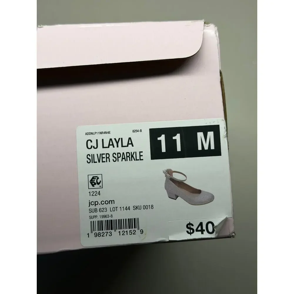 NEW! Christie & Jill Layla Silver Sparkle Girls Shoes Block Heel Pumps Size 11M